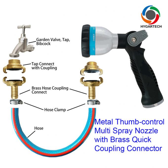 Metal 8 Modes Hose Multi Purpose Spray Nozzle W/ Thumb Control